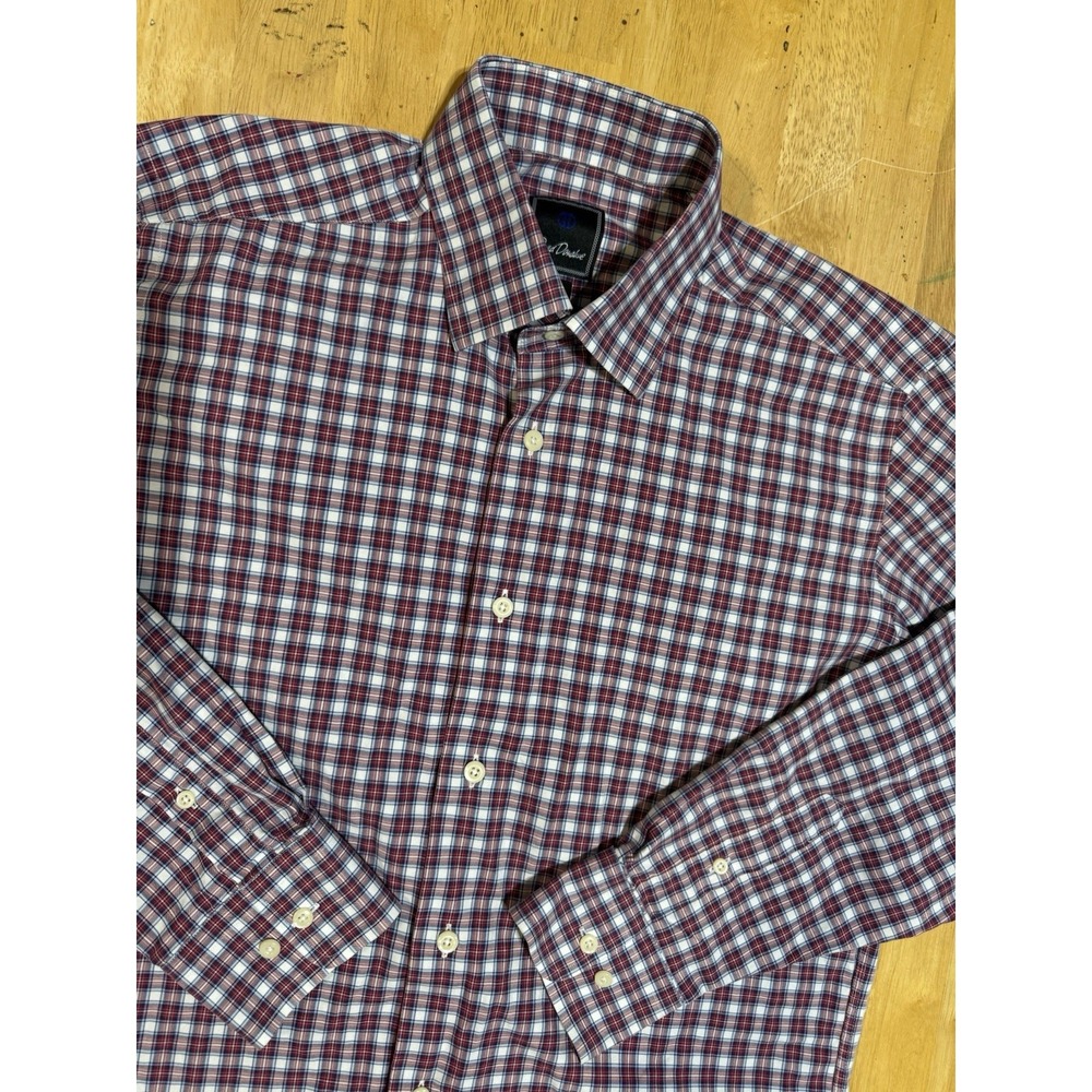David Donahue Shirt Mens 16 32/33 Trim Fit Red Blue Plaid Cotton Long Sleeve